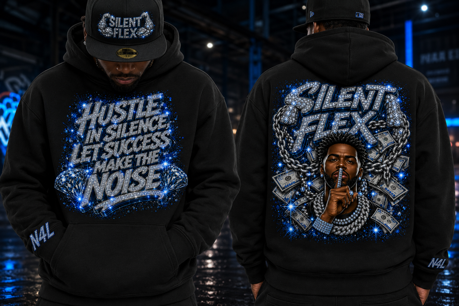 Silent Flex black hoodie with bold statement artwork